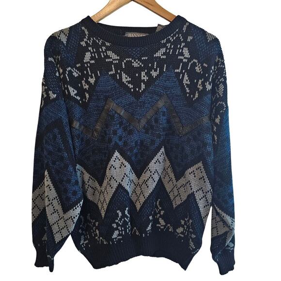 Vintage Sweaters - Vintage Cosby Sweater Mens Large Black 90s Geometric Academia Retro Grandpa